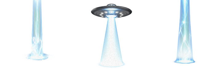 Classic Alien UFO Flying Saucer with Abduction Beam Isolated on White Background Sci-Fi Concept Realistic 3D Render High Quality Transparent PNG Graphic Design Element © SoYEEC