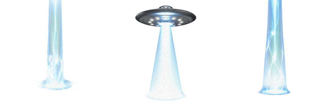 Classic Alien UFO Flying Saucer with Abduction Beam Isolated on White Background Sci-Fi Concept Realistic 3D Render High Quality Transparent PNG Graphic Design Element