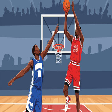 Basketball player in red uniform shoots over defender on court