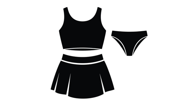 Black swimsuit with skirt and bottoms presented as a silhouette