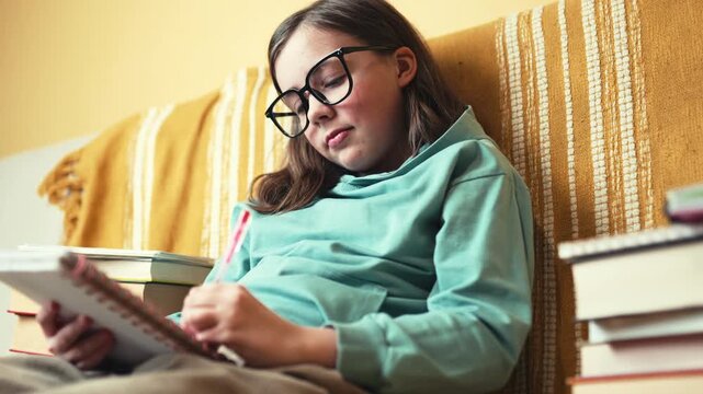 Smart Little Girl in Big Glasses Writing in Notebook while Sitting on Couch with Stack of Books &mdash; Cinematic 4K 10-bit