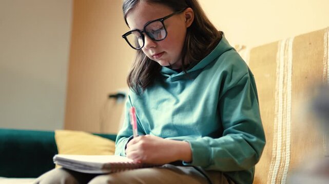 Smart Little Girl in Big Glasses Writing in Notebook while Sitting on Couch with Stack of Books &mdash; Cinematic 4K 10-bit