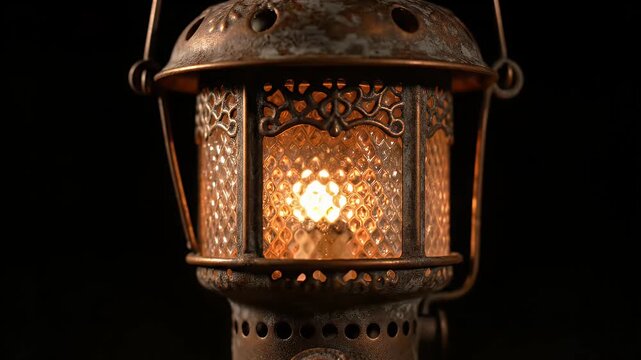 Vintage metal lantern with intricate perforated detailing emitting a warm amber glow in darkness