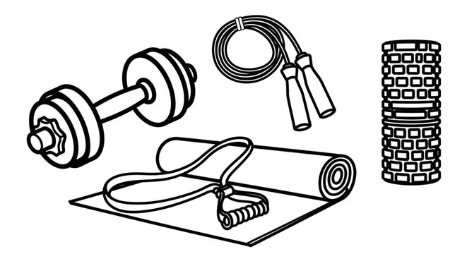 Fitness equipment set illustration in black and white for exercise