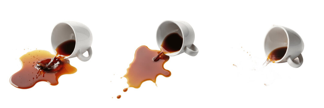 Spilled Cup of Black Coffee Isolated on White Background Morning Breakfast Mess Splash Realistic 3D Render High Quality Transparent PNG Graphic Design Element Image Set