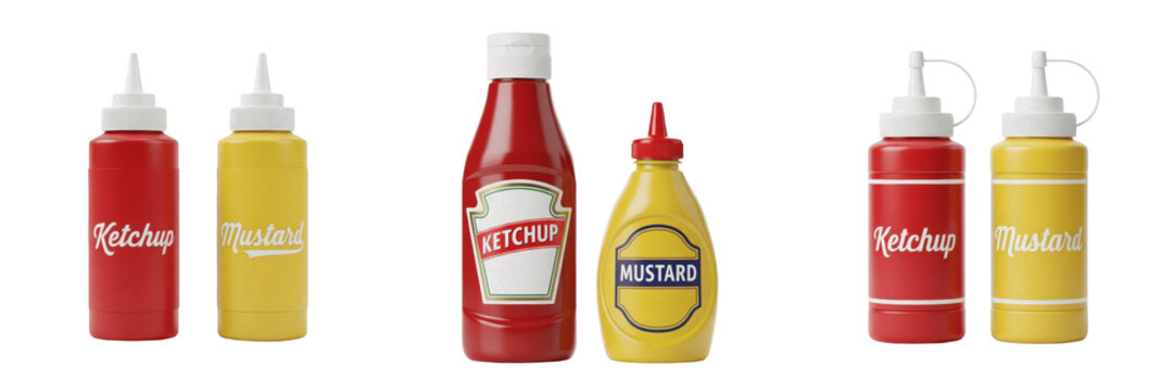 Red Ketchup and Yellow Mustard Squeeze Bottles Isolated on White Background Condiment Food Sauce Realistic 3D Render High Quality Transparent PNG Graphic Design Element Image Set
