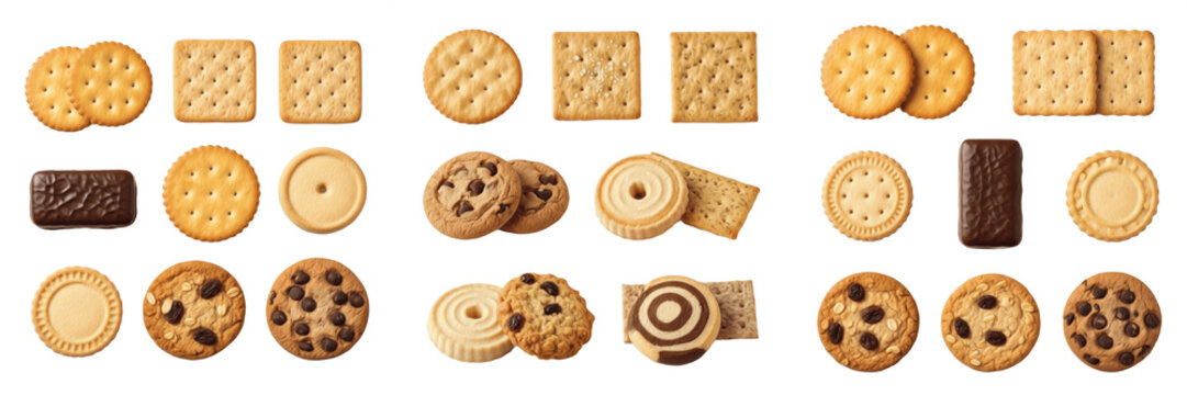 Variety of Mixed Crackers and Biscuits Isolated on White Background Healthy Bakery Snack Appetizer Realistic 3D Render High Quality Transparent PNG Graphic Design Element Image Set