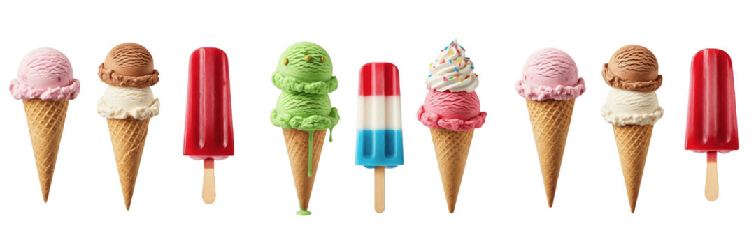 Assorted Ice Cream Cones and Popsicle Set Isolated on White Background Summer Frozen Dessert Snack Realistic 3D Render High Quality Transparent PNG Graphic Design Image Set