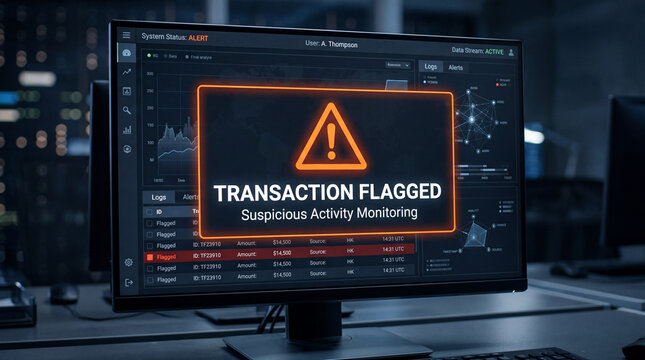 Computer screen displaying flagged transaction monitoring alert  
