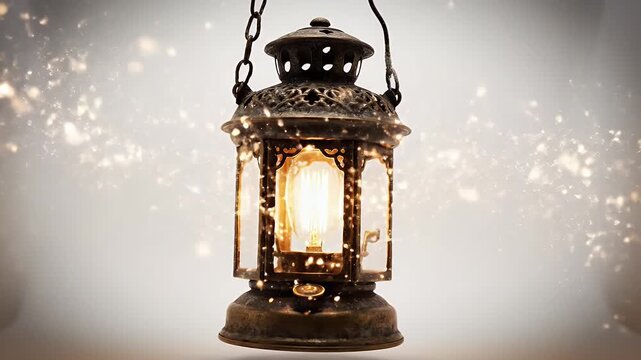 Ornate Vintage Hanging Lantern with Warm Golden Light Against a Soft Blurred Background
