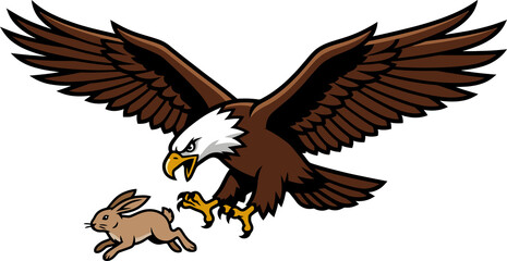 Naklejka premium Bald Eagle Hunting a Rabbit in Flat Design Style clipart isolated on a transparent background