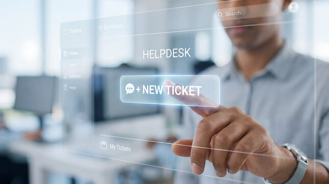 Man touching digital interface to create new support ticket  