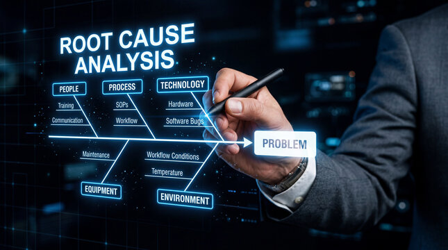 Businessman conducting root cause analysis on digital screen  