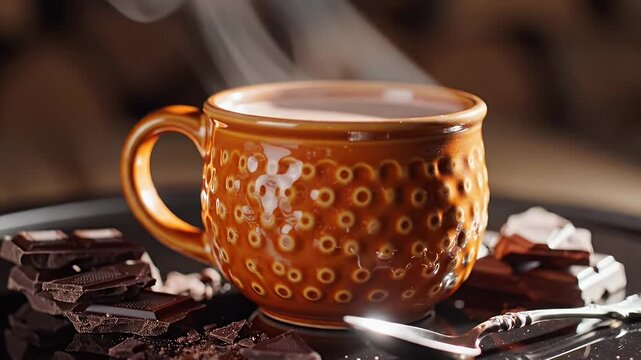 Warm Ceramic Mug with Honeycomb Pattern Surrounded by Dark Chocolate Fragments on a Rustic Surface in Cozy Lighting