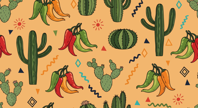 Mexican cactus pattern seamless desert chili background