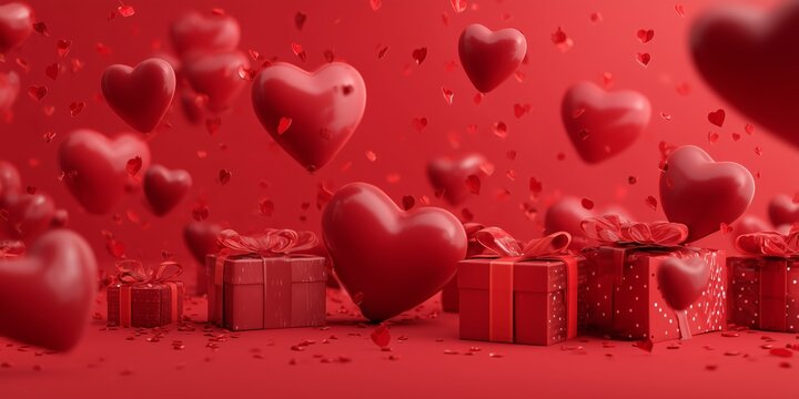 Festive Valentine composition with falling confetti, floating hearts, and wrapped gifts great for invitations and web headers