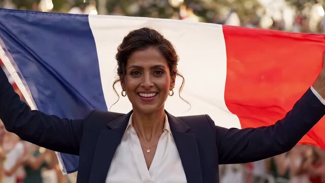 Woman smiles proudly, arms raised high. French flag behind her, vivid red, white, blue. Joyous expression, radiating national pride. Perfect for patriotic, celebratory, or unity themes