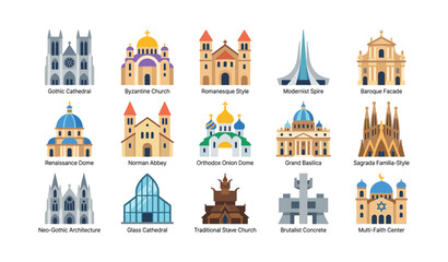Fototapeta premium Architectural and church style icons displayed on white background