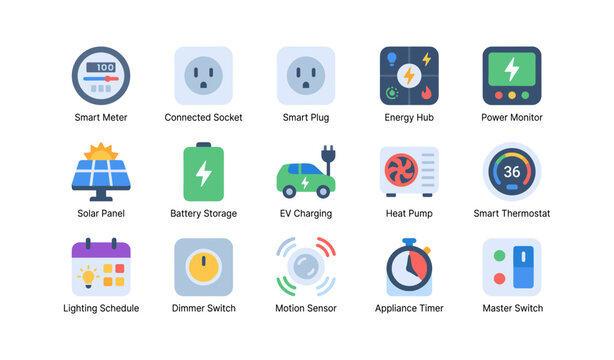 Smart energy icons representing home devices and systems in grid