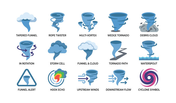 Tornado and funnel cloud icons arranged on white background