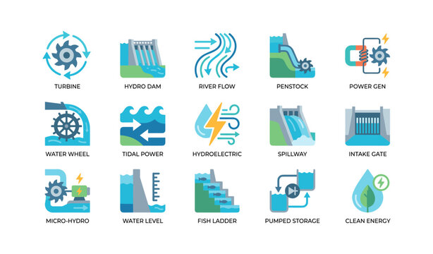 Hydropower and turbine icons showing dam and water systems