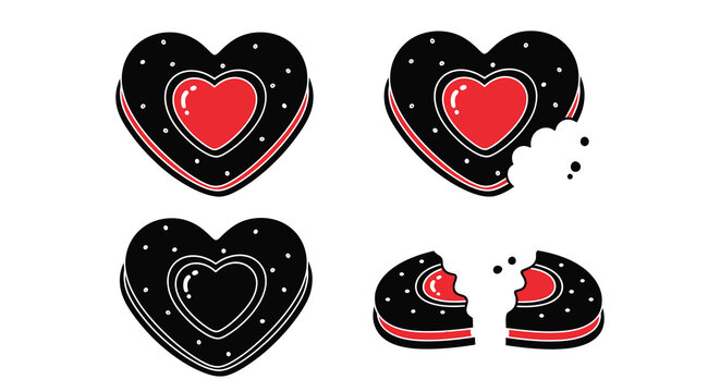 Four heart shaped cookies one bitten in a graphic style silhouette