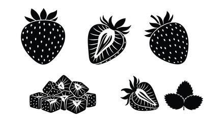 Black and white strawberry illustrations with cut pieces a striking silhouette © mst