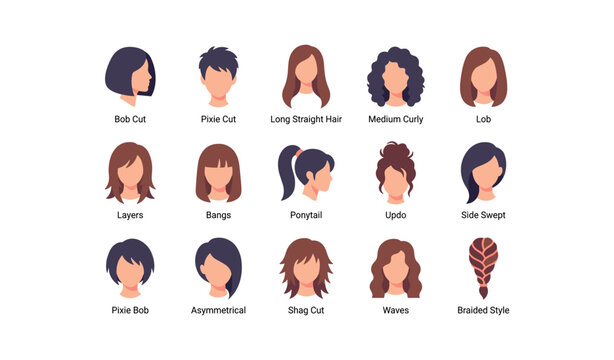 Variety of women's hairstyle icons displayed in grid on white