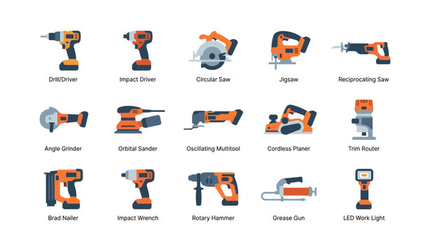 Cordless power tools and woodworking equipment on white background