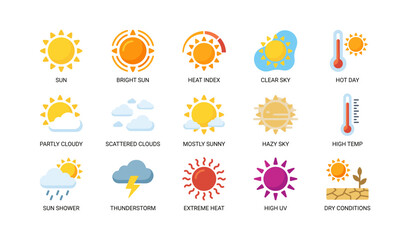 Obraz premium Weather and sun condition icons on white background