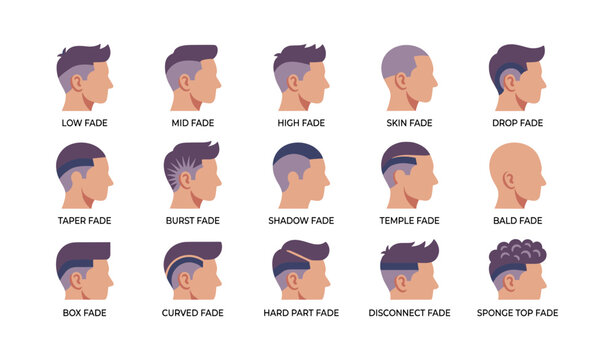 Men hairstyle icons illustrating various fade cuts and hair types