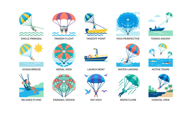 Parasailing icons displayed in a grid on a white background panel
