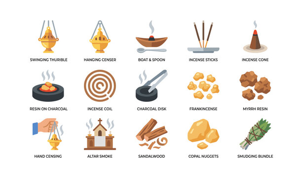 Incense and censer icons showing ritual smoke items on white
