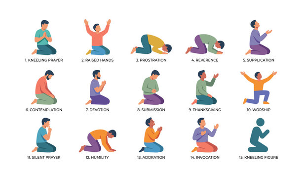 Various kneeling prayer poses displayed on white background