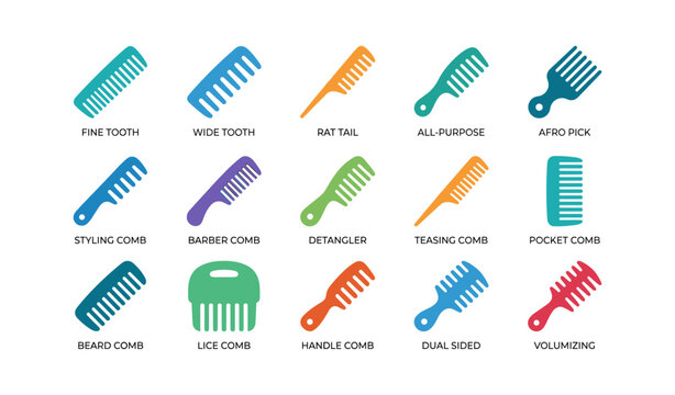 Comb icons showing different comb types and grooming tools on white
