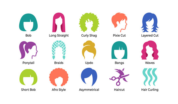 Multiple hair style icons displayed in labeled grid layout