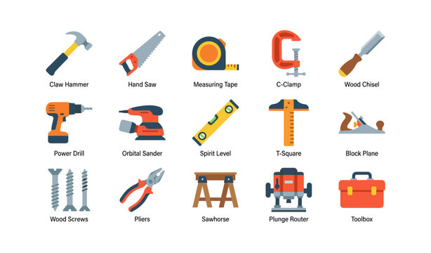 Workshop tool icons displaying hand and power tools on white background