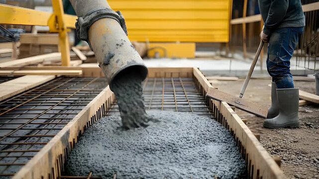 Professional construction worker uses a wooden leveling tool to spread wet cement being poured from a heavy duty metal pump hose onto a prepared rebar foundation frame.