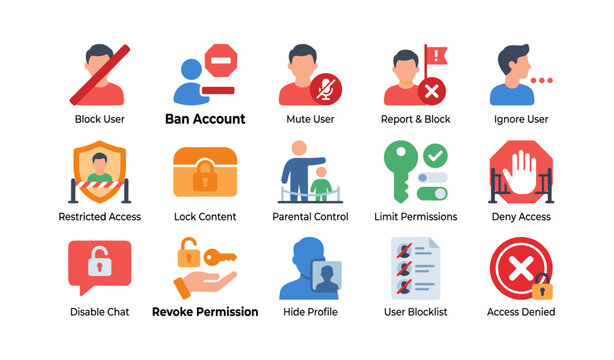 User restriction and access control icons arranged on white background