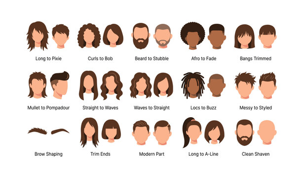 Hairstyle icons showing before and after cuts on white background