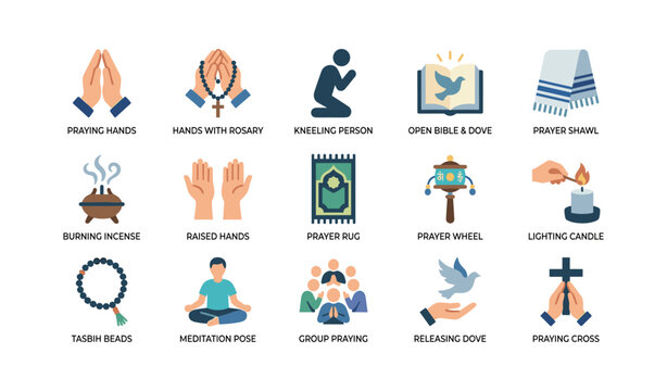 Prayer icons of hands rosary and meditation on white background