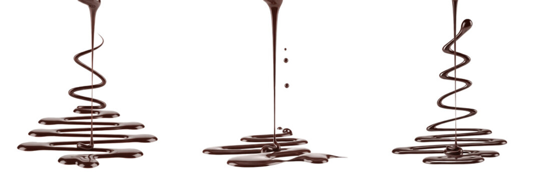 Pouring Liquid Chocolate Stream Isolated on White Background Sweet Cocoa Drip Flow Realistic 3D Render High Resolution PNG Graphic Design Element for Dessert Promotion