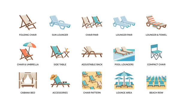 Beach and pool lounger icons arranged in labeled grid layout
