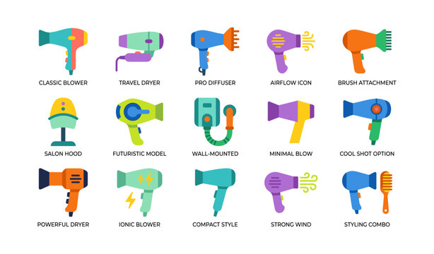 Hair dryer icons arranged in grid on white background