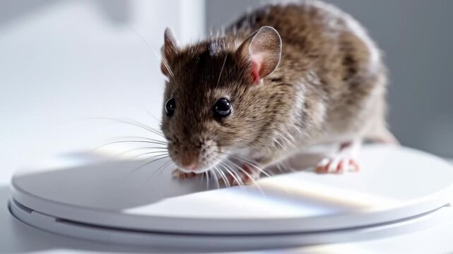 A curious mouse stands on a white scale, measuring its weight.
