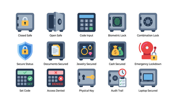 Safe and security icons showing safes and locks on white