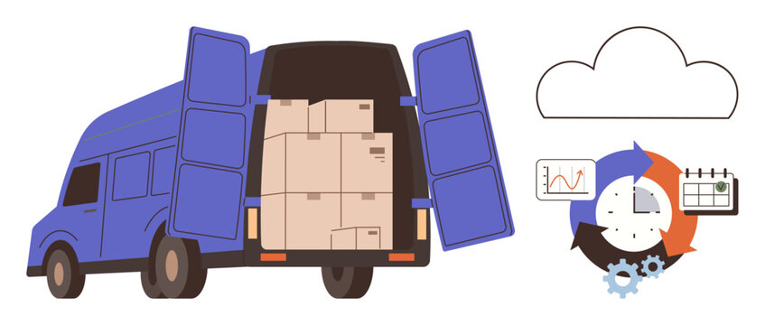 Delivery, e-commerce, supply chain, logistics, cloud storage, inventory management. Blue van with open doors full of boxes, logistic icons with charts cloud and clock. Delivery and e-commerce theme