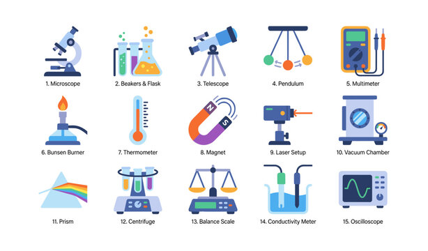 Laboratory equipment icons arranged in grid on white background
