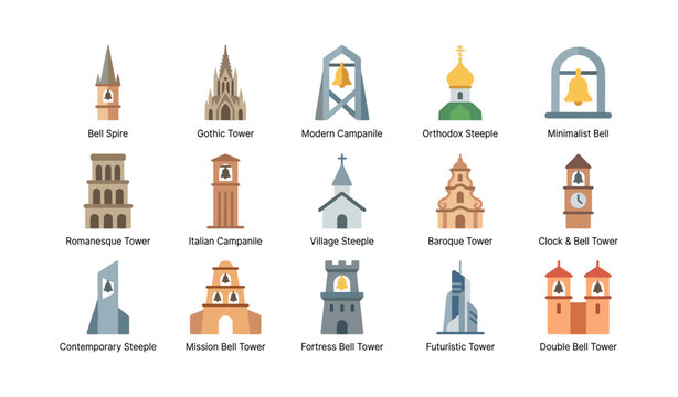 Bell tower and steeple icons arranged in multiple rows
