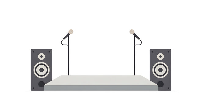 Two black speakers and microphones on a minimalistic white stage with soft lighting creating a professional podcasting or live performance setup